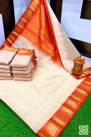 Ivory White with Coral Orange Jacquard Border – Pure Handloom Cico Gadwal Saree