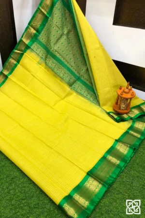 Sunshine Yellow with Bottle Green Jacquard Border – Pure Handloom Cico Gadwal Saree