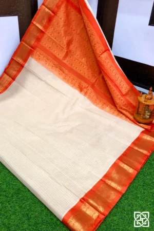 Ivory White with Burnt Orange Jacquard Border – Pure Handloom Cico Gadwal Saree