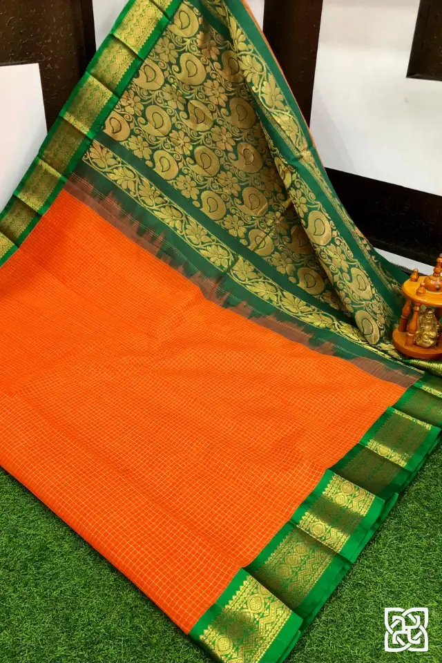 Bright Orange with Bottle Green Jacquard Border – Pure Handloom Cico Gadwal Saree