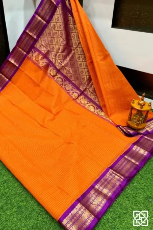 Bright Orange with Purple Jacquard Border – Pure Handloom Cico Gadwal Saree
