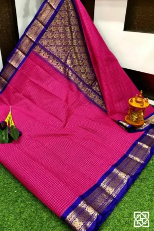 Rani Pink with Royal Blue Jacquard Border – Pure Handloom Cico Gadwal Saree