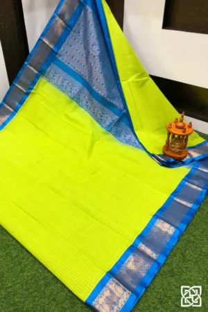 Neon Lime Green with Sky Blue Jacquard Border – Pure Handloom Cico Gadwal Saree