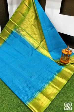 Peacock Blue with Lime Green Jacquard Border – Pure Handloom Cico Gadwal Saree