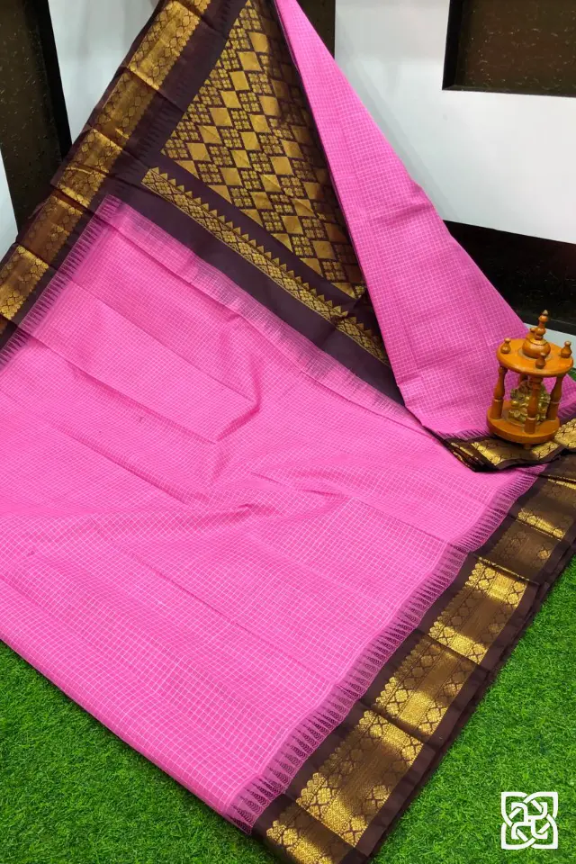 Rose Pink with Antique Brown Jacquard Border – Pure Handloom Cico Gadwal Saree
