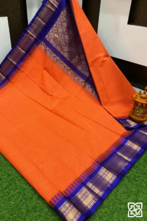 Bright Orange with Royal Blue Jacquard Border – Pure Handloom Cico Gadwal Saree