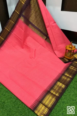 Coral Pink with Chocolate Brown Jacquard Border – Pure Handloom Cico Gadwal Saree