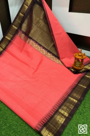 Coral Peach with Antique Brown Jacquard Border – Pure Handloom Cico Gadwal Saree