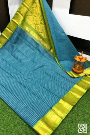 Teal Blue with Parrot Green Jacquard Border – Pure Handloom Cico Gadwal Saree