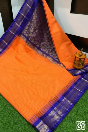 Bright Orange with Royal Purple Jacquard Border – Pure Handloom Cico Gadwal Saree