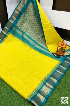 Sunshine Yellow with Teal Green Jacquard Border – Pure Handloom Cico Gadwal Saree