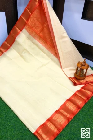 Ivory White with Vermilion Red Jacquard Border – Pure Handloom Cico Gadwal Saree
