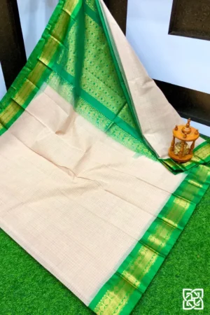 Classic Off-White with Leaf Green Jacquard Border – Pure Handloom Cico Gadwal Saree