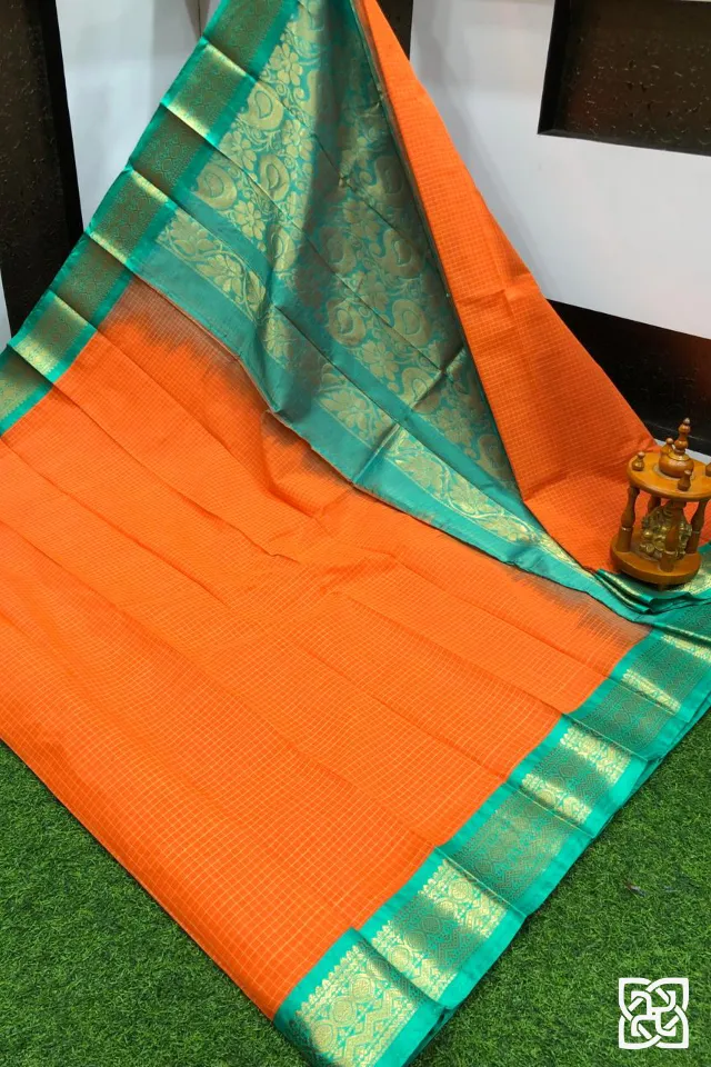 Bright Orange with Sea Green Jacquard Border – Pure Handloom Cico Gadwal Saree