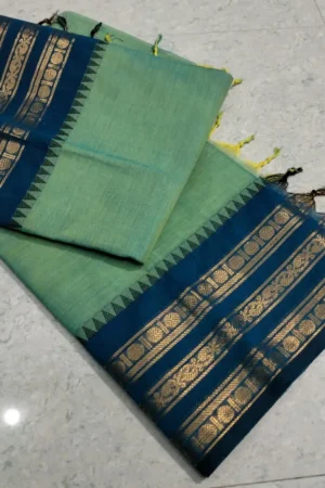 Sea Green Kanchi Cotton Saree with Navy Blue Zari Border