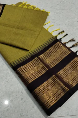Olive Green Kanchi Cotton Saree with Black Zari Border