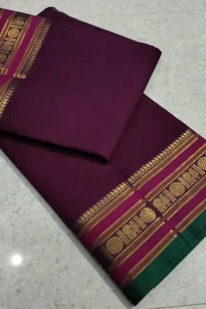 Wine Maroon Kanchi Cotton Saree with Emerald Green Zari Border