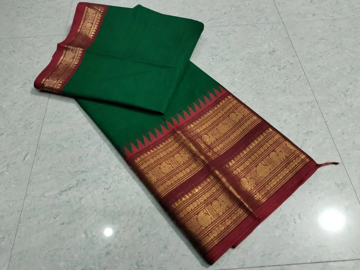 Emerald Green Kanchi Cotton Saree with Maroon Zari Border