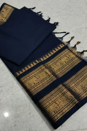 Midnight Blue Kanchi Cotton Saree with Antique Gold Zari Border