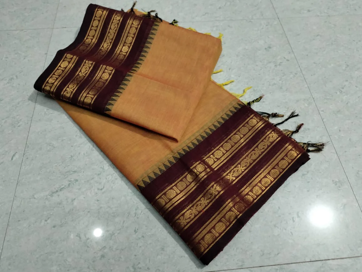 Sandalwood Beige Kanchi Cotton Saree with Maroon Zari Border