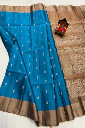 Teal Blue Kanchi Double Wrap Silk Saree with Coffee Brown Zari Pallu