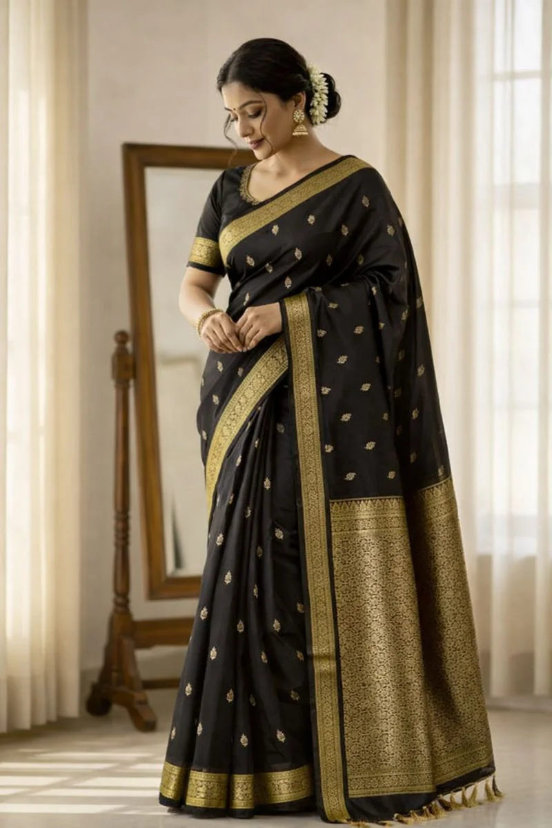 Classic Black & Olive Gold Pure Kanchi Pattu Small Border with Laksha Buta Saree