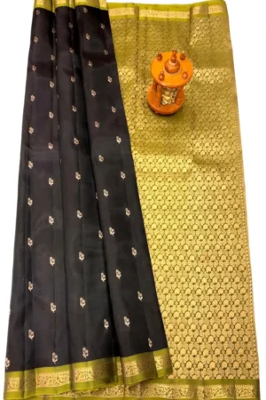 Classic Black & Olive Gold Pure Kanchi Pattu Small Border with Laksha Buta Saree