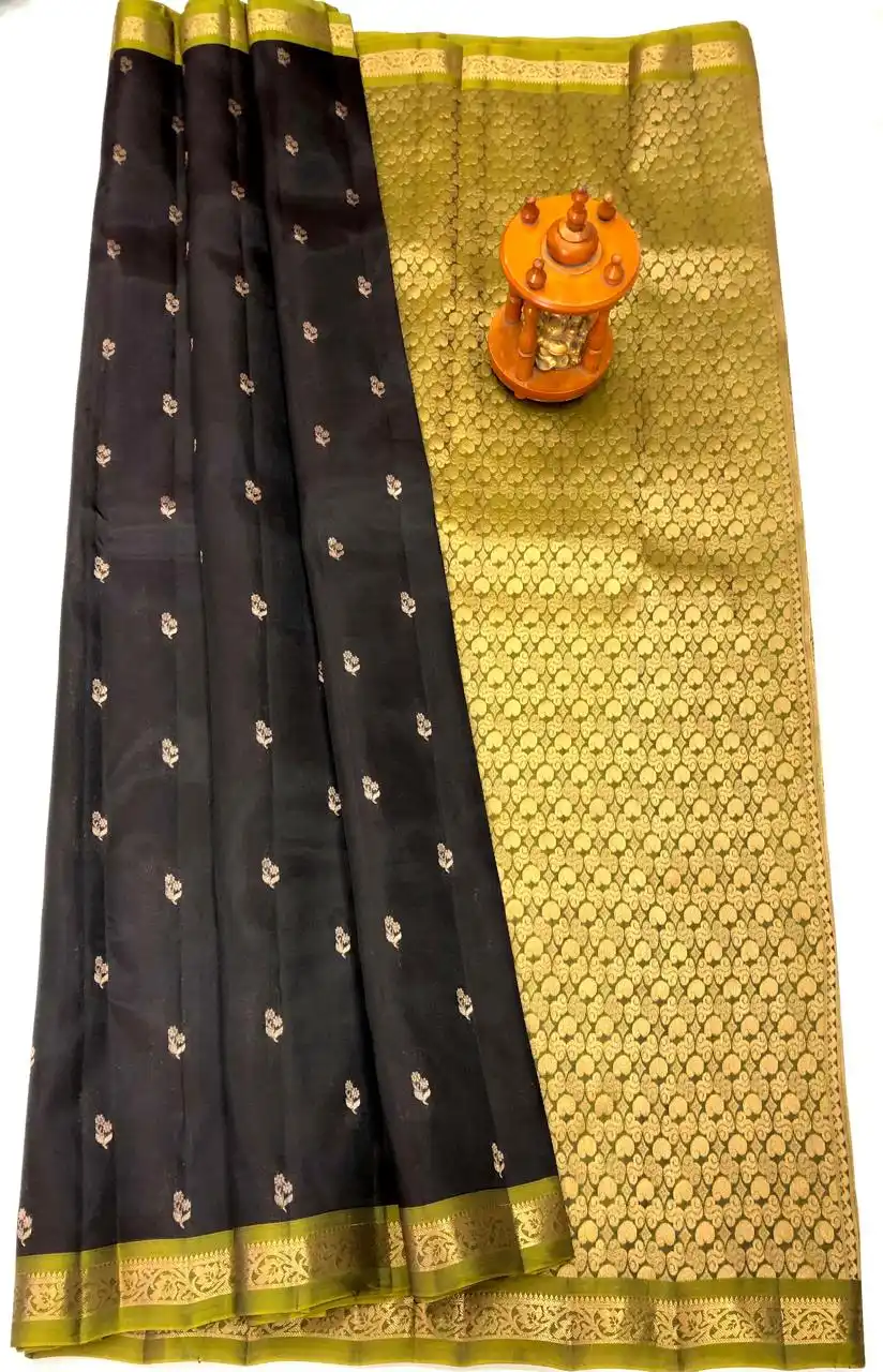Classic Black & Olive Gold Pure Kanchi Pattu Small Border with Laksha Buta Saree
