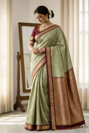 Sage Green & Copper Gold Pure Kanchi Pattu Small Border with Laksha Buta Saree