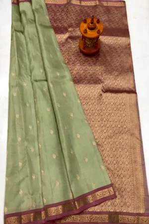 Sage Green & Copper Gold Pure Kanchi Pattu Small Border with Laksha Buta Saree