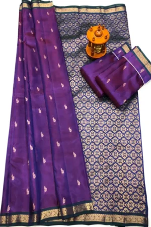 Royal Purple & Navy Gold Pure Kanchi Pattu Small Border with Laksha Buta Saree