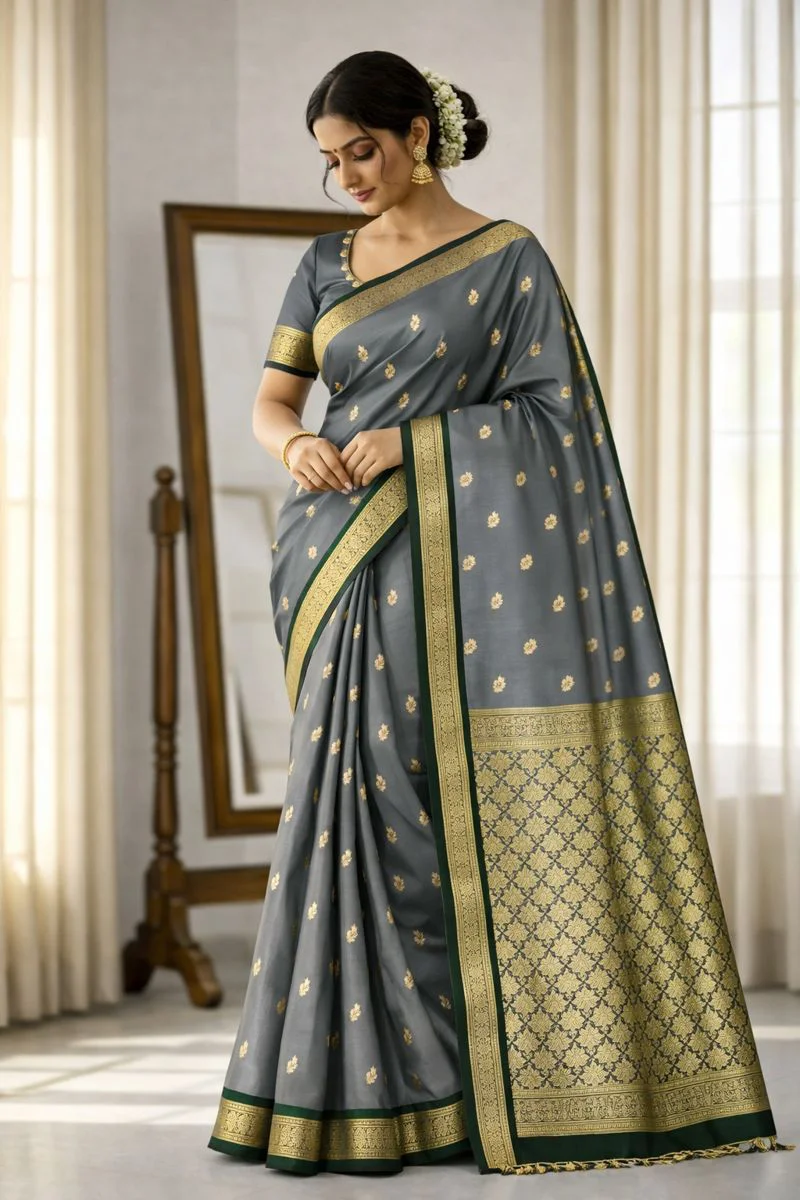 Smoky Grey & Emerald Gold Pure Kanchi Pattu Small Border with Laksha Buta Saree