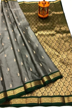 Smoky Grey & Emerald Gold Pure Kanchi Pattu Small Border with Laksha Buta Saree