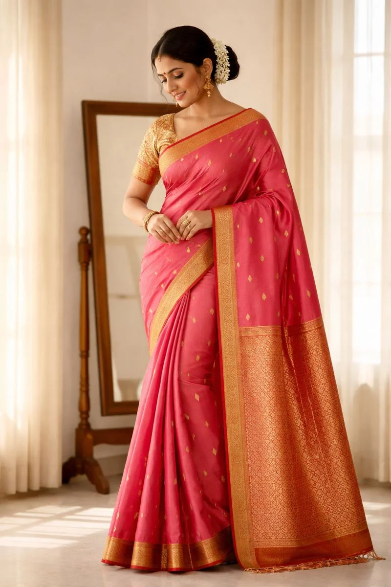Rani Pink & Temple Gold Pure Kanchi Pattu Small Border with Laksha Buta Saree
