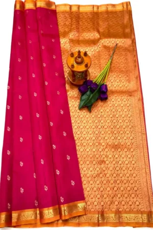 Rani Pink & Temple Gold Pure Kanchi Pattu Small Border with Laksha Buta Saree