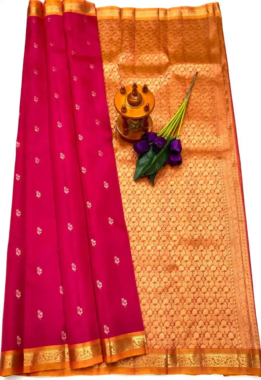 Rani Pink & Temple Gold Pure Kanchi Pattu Small Border with Laksha Buta Saree
