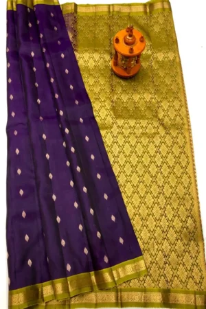 Deep Violet & Lime Gold Pure Kanchi Pattu Small Border with Laksha Buta Saree