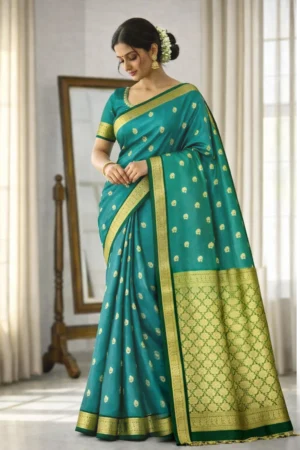 Peacock Teal & Spring Green Gold Pure Kanchi Pattu Small Border with Laksha Buta Saree