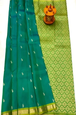 Peacock Teal & Spring Green Gold Pure Kanchi Pattu Small Border with Laksha Buta Saree