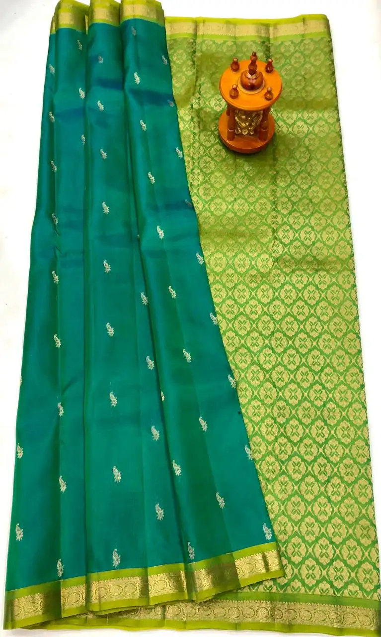 Peacock Teal & Spring Green Gold Pure Kanchi Pattu Small Border with Laksha Buta Saree