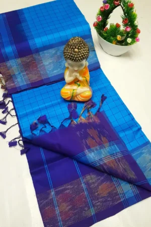 Sky Blue Tripura Silk Mahanati Checks Saree with Navy Pochampally Border