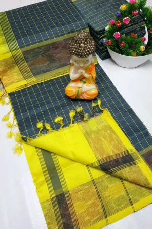 Deep Sea Blue Tripura Silk Mahanati Checks Saree with Mustard Yellow Pochampally Border