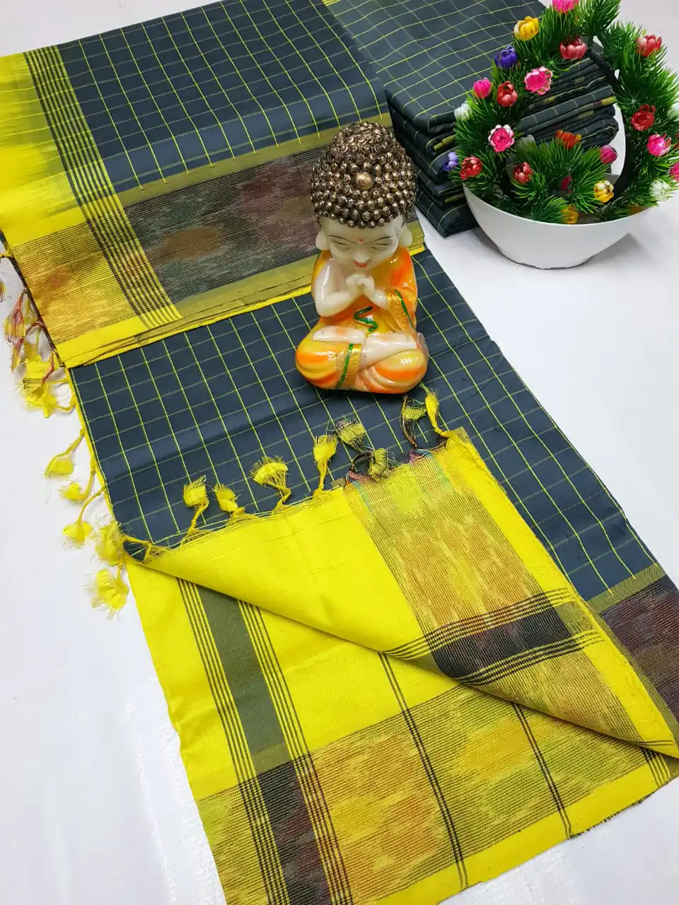 Deep Sea Blue Tripura Silk Mahanati Checks Saree with Mustard Yellow Pochampally Border