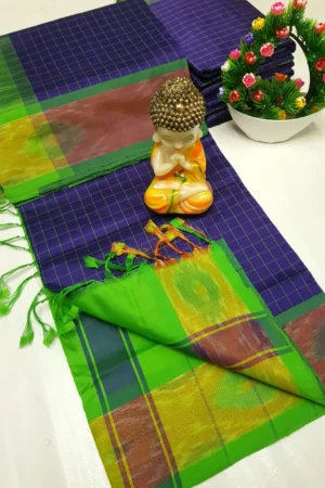 indigo tripura silk mahanati checks saree with parrot green pochampally border