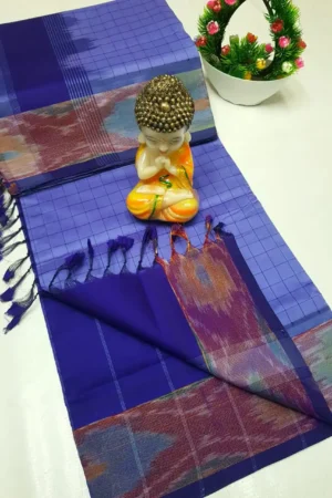 lavender blue tripura silk mahanati checks saree with wine pochampally border