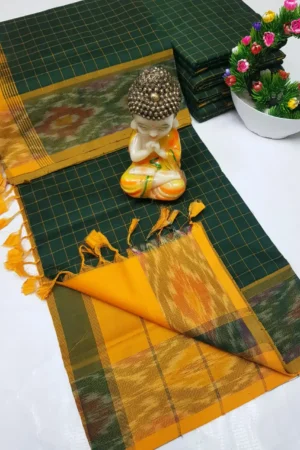 Bottle Green Tripura Silk Mahanati Checks Saree with Mustard Gold Pochampally Border