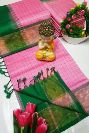 Pink Tripura Silk Mahanati Checks Saree with Bottle Green Pochampally Border