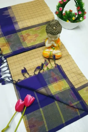 sand beige tripura silk mahanati checks saree with royal blue pochampally border