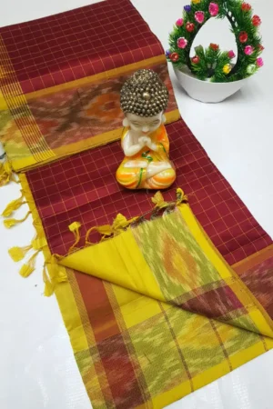 maroon tripura silk mahanati checks saree with mustard yellow pochampally border