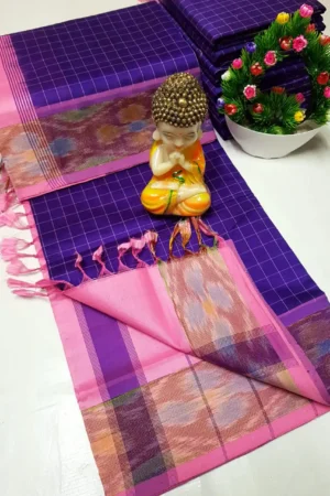 royal purple tripura silk mahanati checks saree with baby pink pochampally border